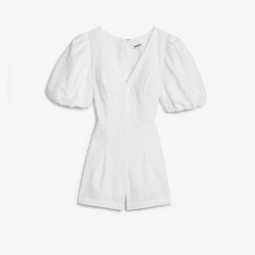 Express Eyelet Lace Puff Sleeve Romper White Size Large - Picture 2 of 14